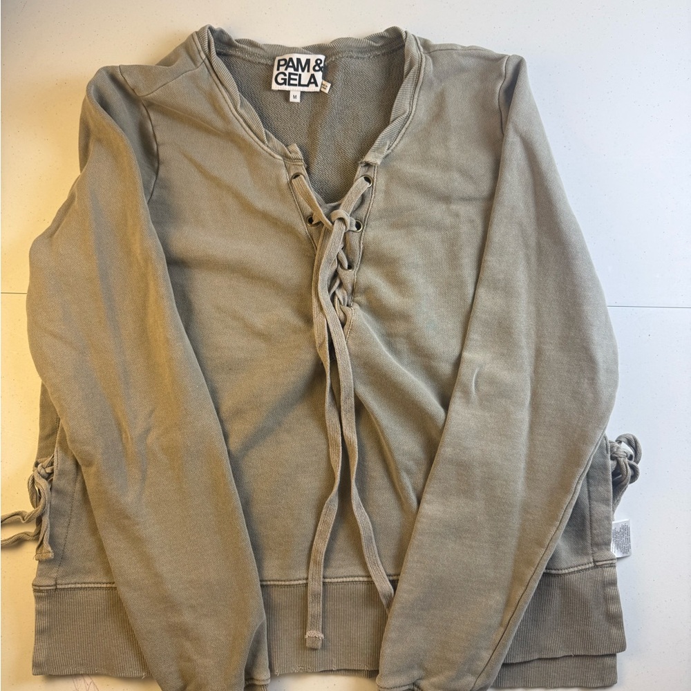 Pam & Gela Olive Lace-Up V-Neck Sweater